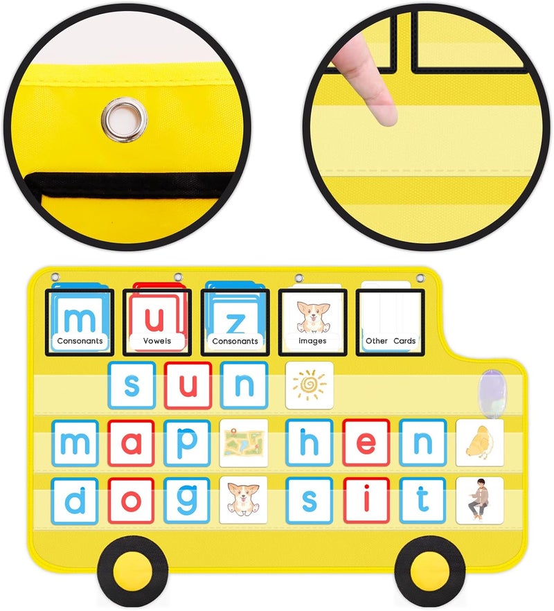ALSLEA Pocket Chart for Classroom, 33 ⅞ " x 22" Large School Bus Shaped Pocket Charts for Kids, Back to School Supplies, Classroom Decor Hanging Pocket Charts with 8 Sentence Strips Holder (Yellow) - Image 5